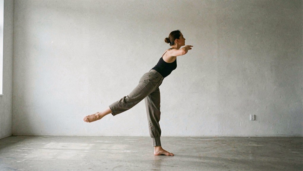 Danseuse de profil en arabesque tenue au centre d’un studio, jambe arrière allongée, buste porté vers l’avant, mur clair derrière, lumière latérale douce, cadrage vertical en pied