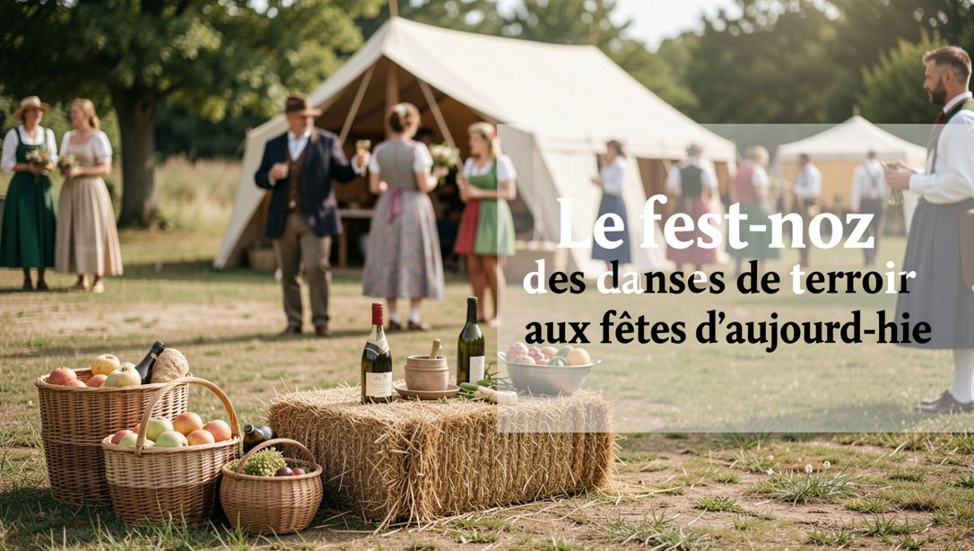 Cercle de danseurs enchaînés par les petits doigts lors d'une fête bretonne en plein air, sonneurs debout derrière eux, lumière dorée de fin de journée, cadrage vertical serré sur la chaîne