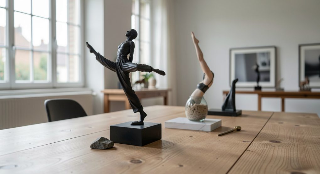 Caméra sur trépied face à une danseuse en mouvement sur un plateau nu, projecteur latéral découpant la silhouette, cadrage vertical serré