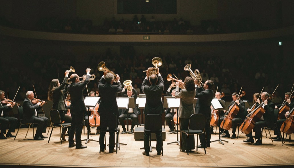 Section de cuivres d’un orchestre de bal vue depuis la piste, trompettes levées et pupitres éclairés, salle sombre autour, lumière chaude, cadrage vertical