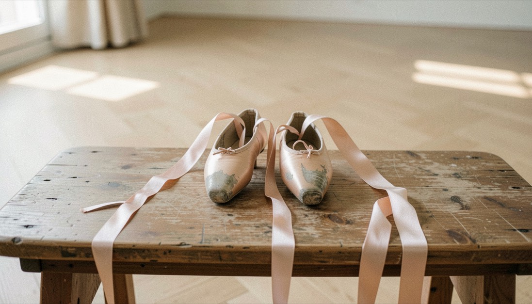 Deux chaussons de pointe usés posés sur un banc de bois dans un studio, rubans de satin défaits, parquet clair derrière, lumière naturelle de côté