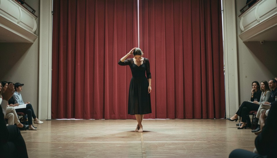Danseuse seule au centre d’un plateau devant un rideau rouge fermé, saluant tête baissée, unique poursuite venue de la salle, cadrage vertical en légère contre-plongée