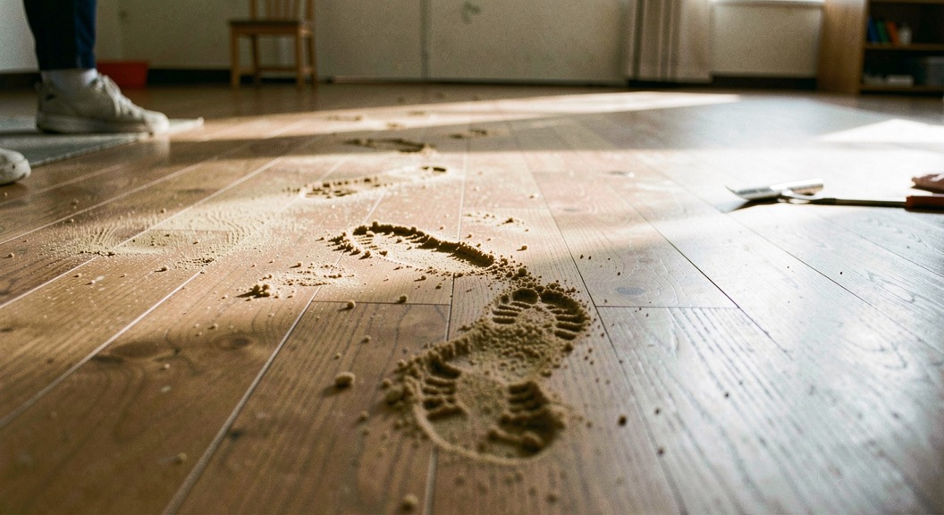 Traces de pieds et poussière de résine sur un parquet de studio après un cours, marques d’appui visibles en lumière rasante, cadrage vertical en plongée serrée